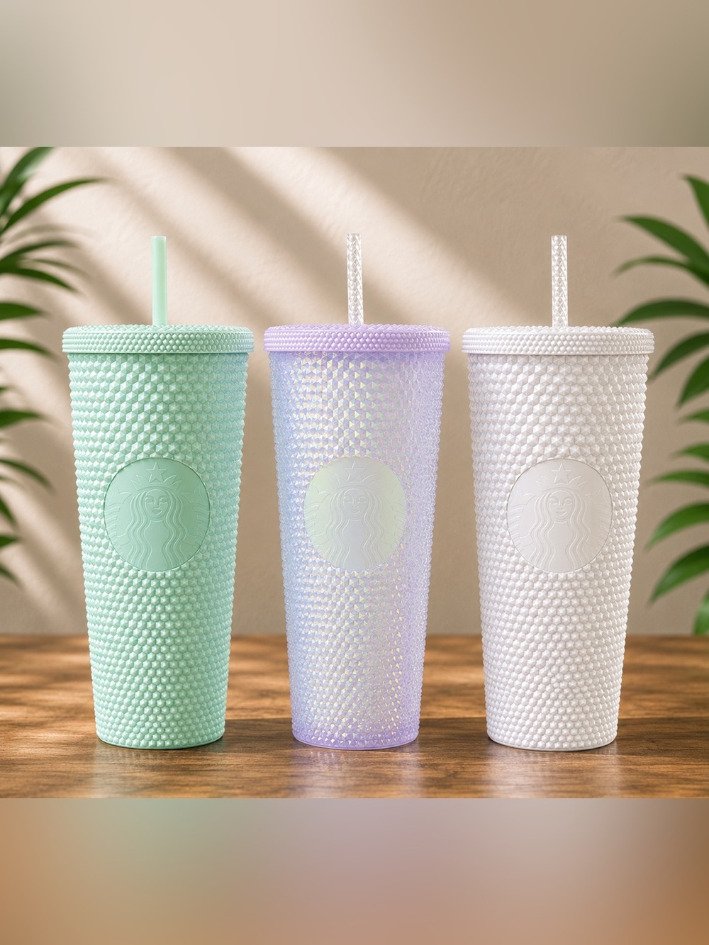 Lot of 3 Starbucks Mint, Lavender & Iridescent Studded Reusable Cold Cups